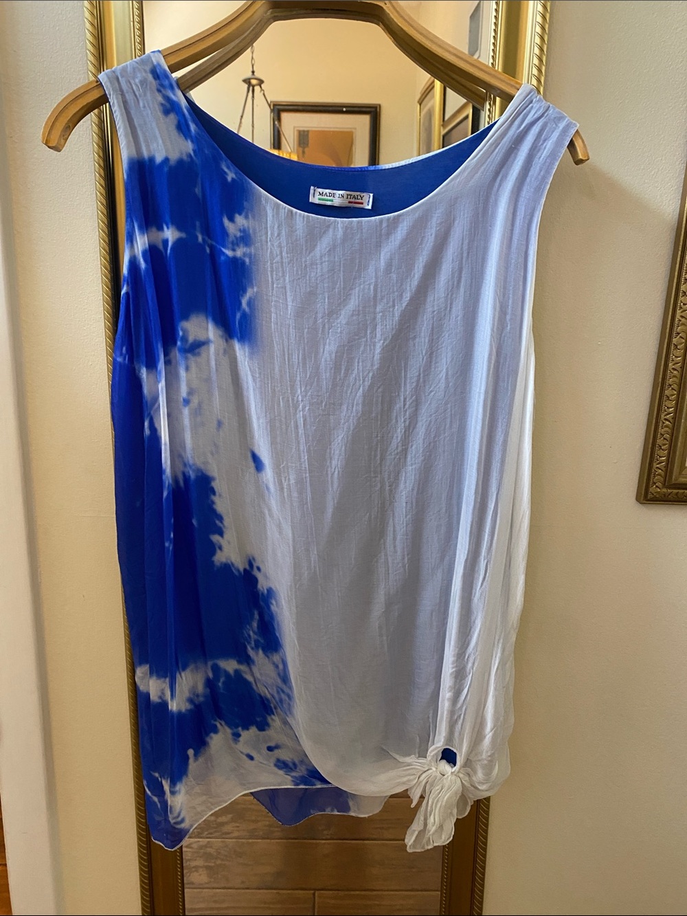 Silk Tie-Dye Blue and White Women's tank top with silk overlay M/L